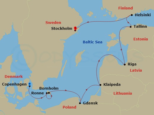 10 Night - Copenhagen to Stockholm - Silver Nova - Starting in Copenhagen, Ronne, Bornholm, Gdansk, Klaipeda, Riga, Tallinn, Helsinki, Stockholm itinerary map