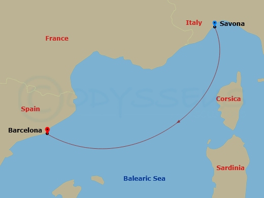2 Night - Europe from Savona to Barcelona - Costa Diadema - Starting in Savona, Italy, Barcelona, Spain itinerary map