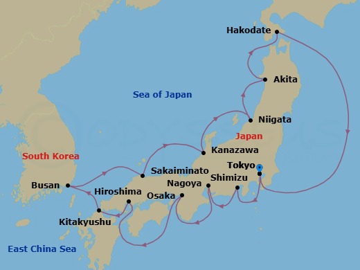 14 Night - Japan Intensive Cruise : Tokyo, Osaka & Akita - Azamara Pursuit - Starting in Tokyo, Mount Fuji (Shimizu), Nagoya, Osaka, Hiroshima, Kitakyushu, Busan, Sakaiminato, Kanazawa, Niigata, Akita, Hakodate, Tokyo itinerary map