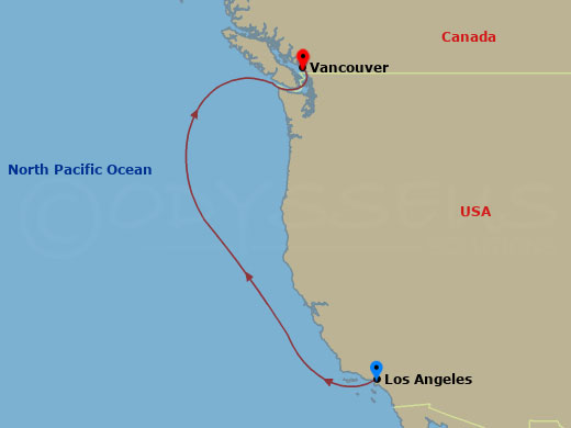 3 Night - Los Angeles to Vancouver Cruise - Ovation Of The Seas - Starting in Los Angeles, California, Vancouver, British Columbia itinerary map