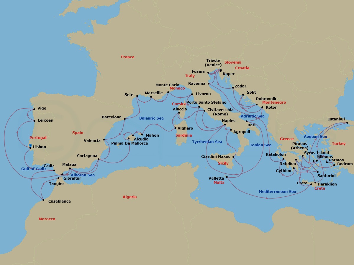 60 Night - Cruise Roundtrip from Lisbon - Silver Dawn - Starting in Lisbon, Oporto, Vigo, Gibraltar, Malaga, Cartagena ES, Palma De Mallorca, Alcudia, Porto Mahon, Alghero, Ajaccio, Civitavecchia, Naples, Agropoli, Giardini Naxos, Valletta, Souda Bay, Nafplion, Syros, Bodrum, Patmos, Mykonos, Athens, Santorini, Istanbul, Dardanelles, Heraklion, Gythion, Katakolon, Ravenna, Trieste, Fusina, Koper, Zadar, Dubrovnik, Croatia, Split, Kotor, Bari, Naples, Porto Santo Stefano, Livorno, Monte Carlo, Marseille, Sete, Barcelona, Valencia, Cartagena ES, Malaga, Tangier, Casablanca, Cadiz, Lisbon itinerary map