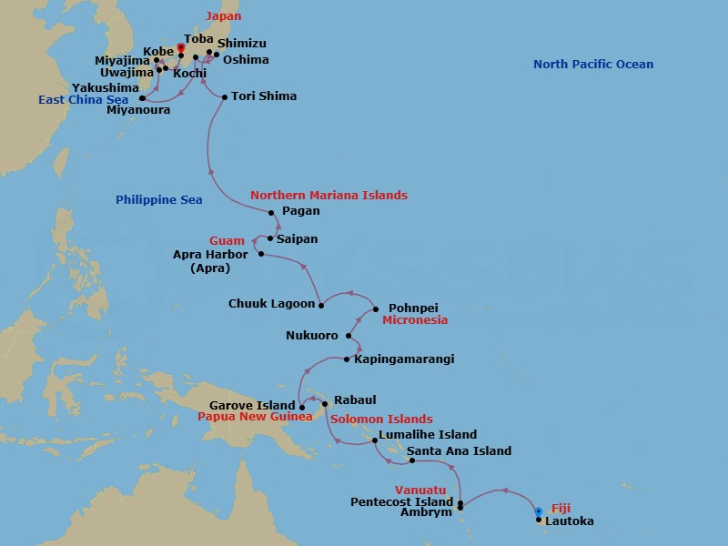 32 Night - Cruise from Lautoka to Kobe - Silver Cloud - Starting in Lautoka, Ambrym Island, Pentecost Island, Santa Ana, Lumalihe Island, Rabaul, Garove Island, Kapingamarangi, Nukuoro, Pohnpei, Chuuk Lagoon, Apra, Saipan, Pagan, Torishima Island, Shimizu, Motomachi, Toba, Miyanoura / Yakushima, Uwajima, Miyajima Island, Kochi, Kobe itinerary map