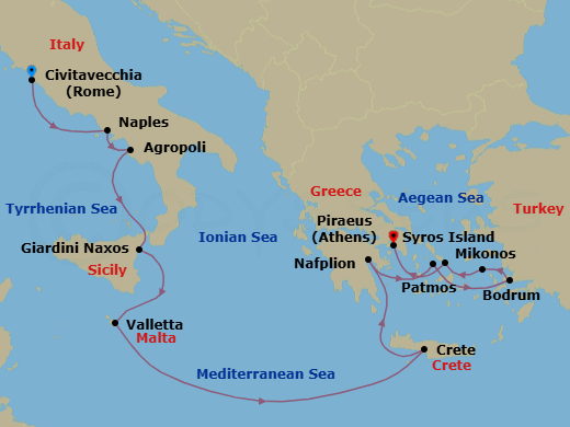 12 Night - Civitavecchia to Athens - Silver Dawn - Starting in Civitavecchia (Rome), Naples, Agropoli, Giardini Naxos (Sicily), Valletta, Souda Bay (Crete), Nafplion, Syros, Bodrum, Patmos, Mykonos, Athens (Piraeus) itinerary map