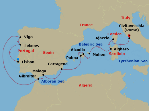 12 Night - Lisbon to Civitavecchia - Silver Dawn - Starting in Lisbon, Oporto (Leixoes), Vigo (Galicia), Gibraltar, Malaga (Costa del Sol), Cartagena ES, Spain, Palma De Mallorca, Alcudia, Mallorca, Porto Mahon, Alghero, Sardinia, Ajaccio (Corsica), Civitavecchia (Rome) itinerary map