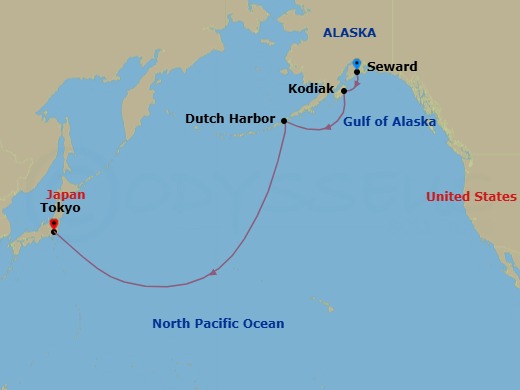 13 Night - Alaska & Japan Cruise : Seward, Kodiak & Tokyo - Azamara Pursuit - Starting in Seward, Alaska, Kodiak, Alaska, Dutch Harbor, Alaska, Tokyo itinerary map