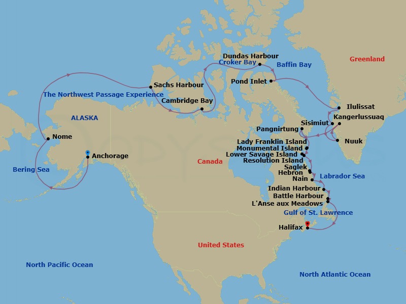 37 Night - Northwest Passage & Wild Labrador Coast - Seabourn Venture - Starting in Anchorage, Alaska, Nome, Alaska, Sachs Harbour, Inuvik, Canada, The Northwest Passage, Cambridge Bay, Nunavut, Canada, The Northwest Passage, Croker Bay, Nunavut, Canada, Dundas Harbour (Devon Island), Nunavut, Canada, Pond Inlet, Nunavut, Canada, Ilulissat (Jakobshavn), Greenland, Sisimiut (Holsteinsborg), Greenland, Nuuk (Godthab), Greenland, Kangerlussuaq, Greenland, Pangnirtung, Nunavut, Canada, Lady Franklin Island, Nunavut, Canada, Monumental Island, Nunavut, Canada, Lower Savage Islands, Nunavut, Canada, Resolution Island, Nunavut, Canada, Nachvak Fiord, Torngat Mts, Labrador, Canada, Saglek Fjord, Labrador, Canada, Hebron, Labrador, Canada, Nain, Labrador, Canada, Indian Harbour, Labrador, Canada, Battle Harbour, Labrador, Canada, L Anse aux Meadows, Newfoundland, Canada, Halifax, Nova Scotia, Canada itinerary map