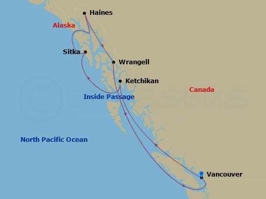 7 Night - Native Lands of Alaska - Oceania Riviera - Starting in Vancouver, Cruising the Inside Passage, Ketchikan, Sitka, Haines, Wrangell, Cruising the Inside Passage, Vancouver itinerary map