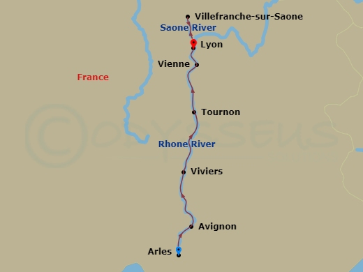 7 Night - Colors of Provence - AmaKristina - Starting in Arles, Avignon, Arles, Avignon, Viviers, Tournon, Vienne, Lyon, Villefranche-sur-Saone, Lyon itinerary map