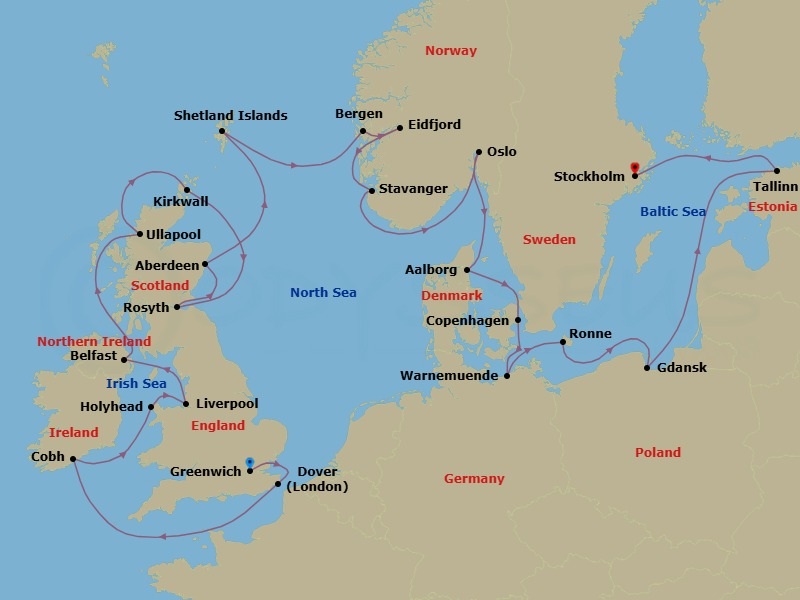 28 Night - Scandinavia & the British Isles - Viking Vesta - Starting in London (Greenwich), Dover UK, Scenic Sailing English Channel, Cobh (Cork), Holyhead, Liverpool, Belfast, The Highlands (Ullapool), Orkney Islands (Kirkwall), Rosyth (Edinburgh), Aberdeen, Shetland Islands (Lerwick), Bergen, Eidfjord, Stavanger, Oslo, Alborg, Copenhagen, Berlin (Warnemunde), Bornholm (Ronne), Gdansk, Sail the Baltic Sea, Tallinn, Stockholm itinerary map