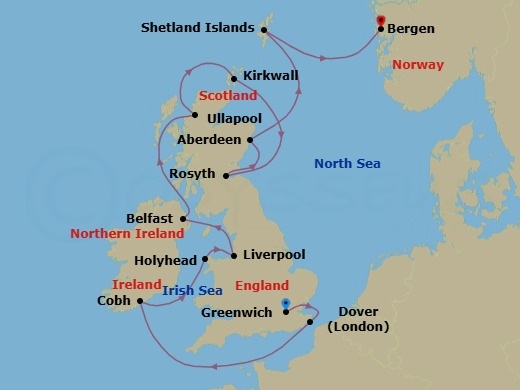 14 Night - British Isles Explorer - Viking Vesta - Starting in London (Greenwich), Dover UK, Scenic Sailing English Channel, Cobh (Cork), Holyhead, Liverpool, Belfast, The Highlands (Ullapool), Orkney Islands (Kirkwall), Rosyth (Edinburgh), Aberdeen, Shetland Islands (Lerwick), Bergen itinerary map