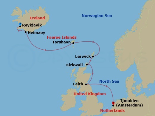 9 Night - Cruise the North : Iceland, Faroe Islands and British Isles - SH Diana - Starting in Reykjavik, Heimaey, Westman Islands, Torshavn, Lerwick, Shetland Islands, Kirkwall, Orkney, Leith, Scotland, Ijmuiden (Amsterdam) itinerary map