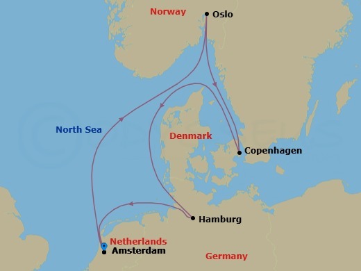 7 Night - Scandinavia & Hamburg - Valiant Lady - Starting in Amsterdam, Netherlands, Oslo, Norway, Copenhagen, Denmark, Hamburg, Germany, Amsterdam, Netherlands itinerary map