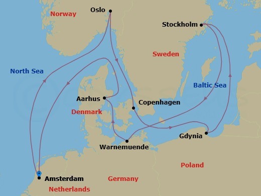12 Night - Scandinavia & Stockholm Overnight - Valiant Lady - Starting in Amsterdam, Netherlands, Oslo, Norway, Copenhagen, Denmark, Gdansk (Gdynia), Poland, Stockholm, Sweden, Berlin (Warnemunde), Germany, Aarhus, Denmark, Amsterdam, Netherlands itinerary map