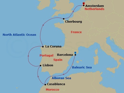 10 Night - Western Europe : Barcelona to Amsterdam - Valiant Lady - Starting in Barcelona, Spain, Casablanca, Morocco, Lisbon, Portugal, A Coruna, Spain, Cherbourg, France, Amsterdam, Netherlands itinerary map
