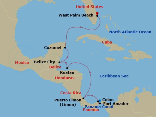 10 Night - Classic Panama Canal Passage - Viking Mars - Starting in Panama City (Fuerte Amador), Scenic Sailing Panama Canal, Colon, Puerto Limon, Sail the Caribbean Sea, Roatan, Belize City, Cozumel, Mexico, Sail the Caribbean Sea, West Palm Beach, Florida itinerary map