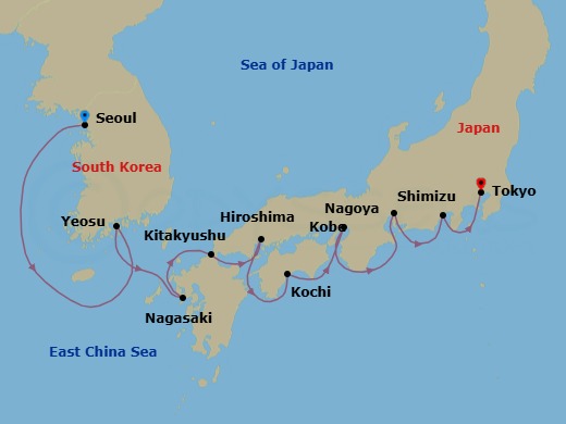 12 Night - Japan Intensive Cruise : Nagasaki, Hiroshima & Tokyo - Azamara Pursuit - Starting in Seoul (Incheon), Yeosu, Nagasaki, Kitakyushu, Hiroshima, Kochi, Kobe, Nagoya, Mount Fuji (Shimizu), Tokyo itinerary map