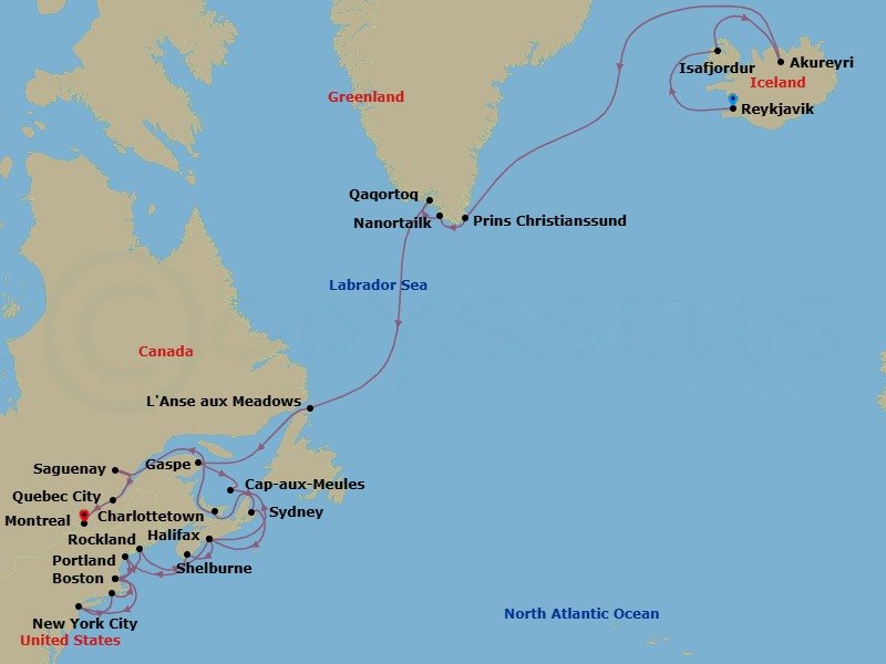 34 Night - Fire & Ice Passage & Canada's Fall Foliage - Seabourn Ovation - Starting in Reykjavik, Iceland, Isafjordur, Iceland, Akureyri, Iceland, Cruising Prins Christian Sund, Nanortalik, Greenland, Scenic cruising Tasermiut Fjord, Qaqortoq, Greenland, L Anse aux Meadows, Newfoundland, Canada, Gaspe, Quebec, Canada, Cap-aux-Meules, Iles de la Madeleine, Quebec, Canada, Sydney NS, Nova Scotia, Canada, Halifax, Nova Scotia, Canada, Shelburne, Nova Scotia, Canada, Portland ME, Boston, Massachusetts, New York, Newport, Rhode Island, Transit the Cape Cod Canal, Boston, Massachusetts, Rockland, Maine, Halifax, Nova Scotia, Canada, Charlottetown, Prince Edward Island, Canada, Saguenay, Quebec, Canada, Quebec City, Quebec, Canada, Montreal, Quebec, Canada itinerary map