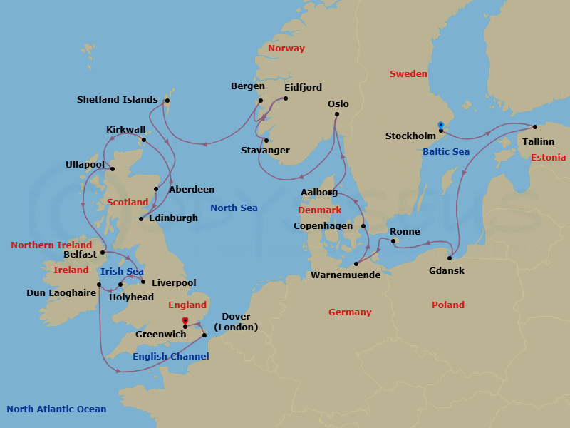 28 Night - Scandinavia & the British Isles - Viking Sky - Starting in Stockholm, Tallinn, Sail the Baltic Sea, Gdansk, Bornholm (Ronne), Berlin (Warnemunde), Copenhagen, Alborg, Oslo, Stavanger, Eidfjord, Bergen, Shetland Islands (Lerwick), Aberdeen, Edinburgh (Newhaven Harbour), Orkney Islands (Kirkwall), The Highlands (Ullapool), Belfast, Liverpool, Holyhead, Dublin (Dun Laoghaire), Scenic Sailing English Channel, Dover UK, London (Greenwich) itinerary map
