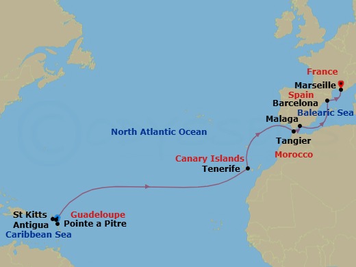 15 Night - Transatlantic from Pointe a Pitre - Costa Favolosa - Starting in Guadeloupe (Antilles), St Kitts (Antilles), Antigua (Antilles), Santa Cruz / Tenerife, Tangier, Morocco, Malaga, Spain, Barcelona, Spain, Balearic sea darkest spot, Marseille, France itinerary map
