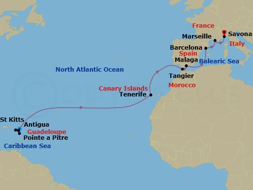 16 Night - Transatlantic from Pointe a Pitre - Costa Favolosa - Starting in Guadeloupe (Antilles), St Kitts (Antilles), Antigua (Antilles), Santa Cruz / Tenerife, Tangier, Morocco, Malaga, Spain, Barcelona, Spain, Balearic sea darkest spot, Marseille, France, Savona, Italy itinerary map