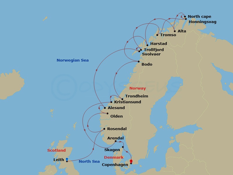 17 Night - Norway Intensive Cruise : Olden, North Cape & Trondheim - Azamara Quest - Starting in Leith (Edinburgh), Scotland, Rosendal, Olden, Alesund, Svolvaer, Lofoten, Trollfjord (Cruising), Tromso, Honningsvag, North Cape (Cruising), Alta, Harstad, Bodo, Trondheim, Kristiansund, Arendal, Skagen, Copenhagen itinerary map