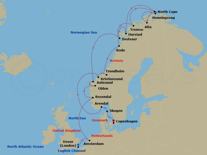 18 Night - Norway Intensive Cruise : North Cape, Trollfjord & Trondheim - Azamara Journey - Starting in Dover UK, Amsterdam (Ijmuiden), Rosendal, Olden, Alesund, Svolvaer, Lofoten, Trollfjord (Cruising), Tromso, Honningsvag, North Cape (Cruising), Alta, North Cape (Cruising), Harstad, Bodo, Trondheim, Kristiansund, Arendal, Skagen, Copenhagen itinerary map