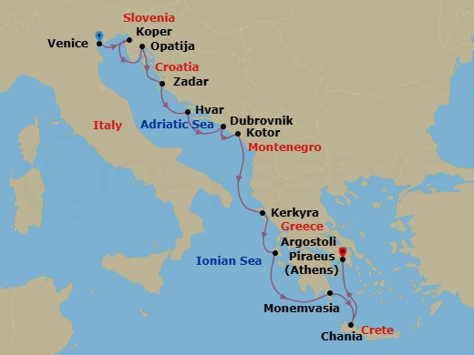 11 Night - Italy, Croatia & Greece Cruise : Venice, Dubrovnik & Corfu - Azamara Journey - Starting in Venice, Koper, Opatija, Zadar, Hvar, Dubrovnik, Croatia, Kotor, Corfu, Argostoli, Monemvasia, Chania, Crete, Athens (Piraeus) itinerary map