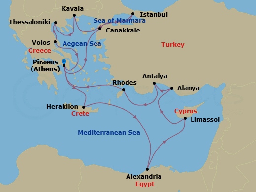 19 Night - Greece, Turkey & Egypt Combination Cruise : Istanbul, Athens & Alexandria - Azamara Journey - Starting in Athens (Piraeus), Canakkale (Kepez), Istanbul, Kavala, Thessaloniki, Volos, Athens (Piraeus), Heraklion, (Crete), Alexandria EG (Cairo), Egypt, Limassol, Alanya, Antalya, Rhodes, Athens (Piraeus) itinerary map