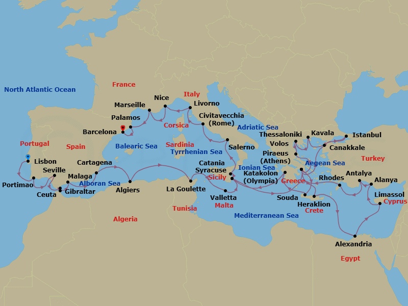 49 Night - Lisbon to Barcelona Grand Voyage - Azamara Journey - Starting in Lisbon, Portimao, Seville, Gibraltar, Ceuta, Malaga, Cartagena ES, Algiers, La Goulette, Valletta, Siracusa, Sicily, Athens (Piraeus), Canakkale (Kepez), Istanbul, Kavala, Thessaloniki, Volos, Athens (Piraeus), Heraklion, (Crete), Alexandria EG (Cairo), Egypt, Limassol, Alanya, Antalya, Rhodes, Athens (Piraeus), Chania (Souda), Crete, Olympia (Katakolon), Siracusa, Sicily, Catania, (Sicily), Amalfi Coast (Salerno), Rome (Civitavecchia), Florence / Pisa (Livorno), Nice, Provence (Marseille), Palamos, Barcelona itinerary map