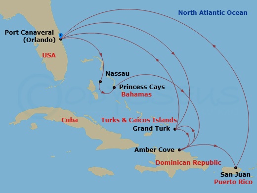 14 Night - Eastern / Western Caribbean Adventurer - Caribbean Princess - Starting in Port Canaveral (Orlando), Florida, Grand Turk, Turks and Caicos, Amber Cove, Dominican Republic, San Juan, Puerto Rico, Port Canaveral (Orlando), Florida, Nassau, Bahamas, Princess Cays, Bahamas, Amber Cove, Dominican Republic, Grand Turk, Turks and Caicos, Port Canaveral (Orlando), Florida itinerary map