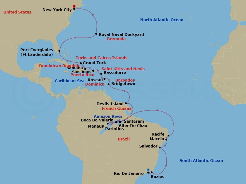 33 Night - The Americas & Caribbean - Crystal Symphony - Starting in Rio De Janeiro, Buzios, Brazil, Salvador De Bahia, Maceio, Recife, Santarem, Boca Da Valeria, Manaus / Amazon, Parintins, Alter Do Chao, Iles du Salut (Devils Island), Bridgetown, Roseau, St Kitts (Basseterre), San Juan, Samana, Grand Turk, Fort Lauderdale, Royal Naval Dockyard, New York itinerary map