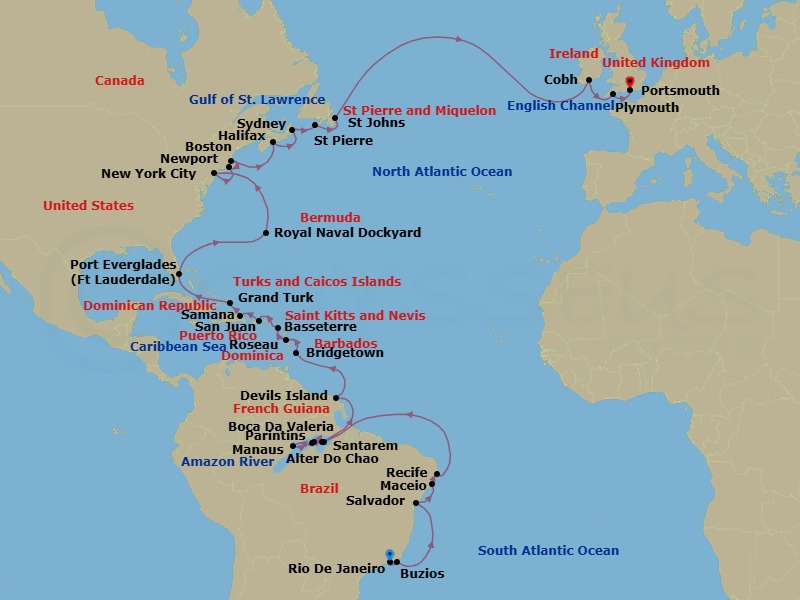 47 Night - The Americas & Caribbean - Crystal Symphony - Starting in Rio De Janeiro, Buzios, Brazil, Salvador De Bahia, Maceio, Recife, Santarem, Boca Da Valeria, Manaus / Amazon, Parintins, Alter Do Chao, Iles du Salut (Devils Island), Bridgetown, Roseau, St Kitts (Basseterre), San Juan, Samana, Grand Turk, Fort Lauderdale, Royal Naval Dockyard, New York, Newport, Rhode Island, Boston, Halifax, Sydney NS, Nova Scotia, St Pierre, St Johns NF, Newfoundland, Cobh, Plymouth, Portsmouth UK itinerary map