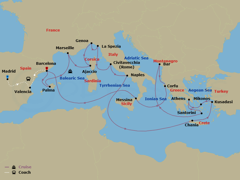 27 Night - Highlights of Spain - Tour 2C - Sun Princess Tours - Starting in Madrid, Spain, Valencia, Spain, Barcelona, Spain, Mallorca (Palma), Spain, Marseille (Provence), France, Corsica (Ajaccio), France, Genoa (for Cinque Terre), Italy, La Spezia (for Florence / Pisa), Italy, Civitavecchia (for Rome), Italy, Naples, Italy (for Capri and Pompeii), Crete (Chania), Greece, Kusadasi, Turkey (for Ephesus), Mykonos, Greece, Athens (Piraeus), Greece, Santorini, Greece, Montenegro, Corfu, Greece, Sicily (Messina), Italy, Barcelona, Spain itinerary map