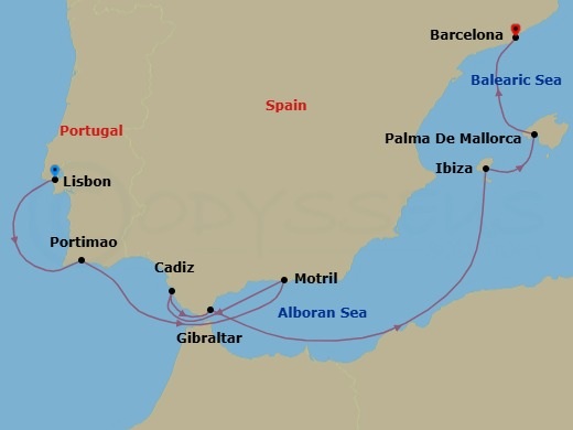 10 Night - a Glimpse of Lisbon Pre Cruisetour - Norwegian Dawn Tours - Starting in At Hotel, Lisbon, Portugal, Portimao, Portugal, Motril, Spain, Cadiz / Seville, Spain, Gibraltar, Ibiza, Spain, Palma Majorca, Spain, Barcelona, Spain itinerary map