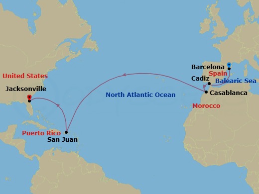 14 Night - Repo - Transatlantic - Norwegian Dawn - Starting in Barcelona, Spain, Cadiz / Seville, Spain, Casablanca, Morocco, San Juan, Pr, Jacksonville, Florida itinerary map