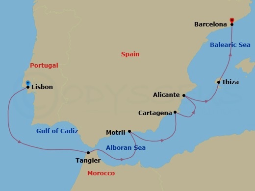 7 Night - Europe - Norwegian Dawn - Starting in Lisbon, Portugal, Tangier, Morocco, Motril, Spain, Cartagena ES, Spain, Alicante, Spain, Ibiza, Spain, Barcelona, Spain itinerary map
