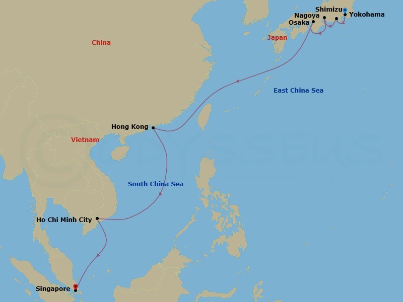 12 Night - Japan, Hong Kong & Vietnam - Navigator of the Seas - Starting in Tokyo (Yokohama), Japan, Mount Fuji (Shimizu), Japan, Nagoya, Japan, Osaka, Japan, Hong Kong, China, Ho Chi Minh / Phuoc An, Vietnam, Singapore itinerary map