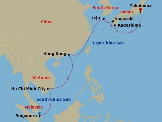 12 Night - Singapore to Tokyo Cruise - Navigator of the Seas - Starting in Singapore, Ho Chi Minh / Phuoc An, Vietnam, Hong Kong, China, Jeju (Seogwipo), South Korea, Nagasaki, Japan, Kagoshima, Japan, Tokyo (Yokohama), Japan itinerary map