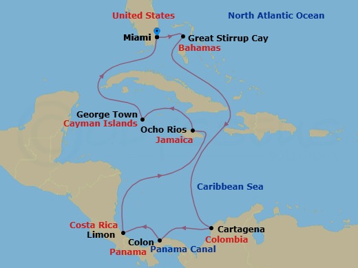 11 Night - Panama Canal - Miami - Norwegian Gem - Starting in Miami, Fl, Great Stirrup Cay, Bahamas, Cartagena CO, Panama Canal Gatun Lake, Panama, Colon, Panama, Puerto Limon, Costa Rica, Ocho Rios, Jamaica, George Town, Cayman Islands, Miami, Fl itinerary map
