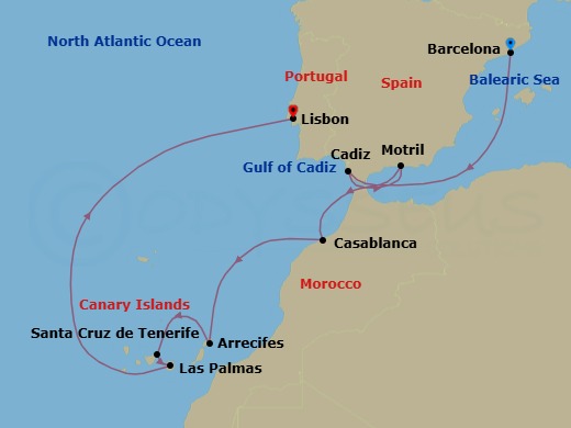 10 Night - Europe - Canary Island - Norwegian Star - Starting in Barcelona, Spain, Cadiz / Seville, Spain, Motril, Spain, Casablanca, Morocco, Arrecife, Spain, Santa Cruz de Tenerife, Las Palmas Gran Canaria, Spain, Lisbon, Portugal itinerary map