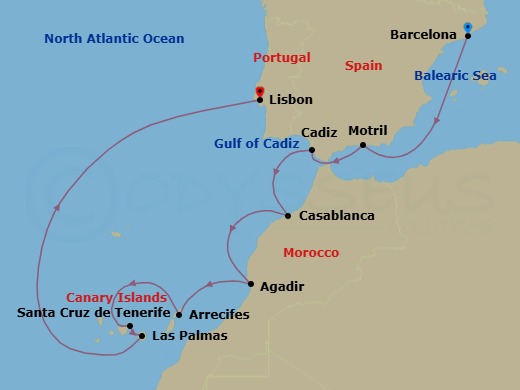 10 Night - Europe - Canary Island - Norwegian Star - Starting in Barcelona, Spain, Motril, Spain, Cadiz / Seville, Spain, Casablanca, Morocco, Agadir, Morocco, Arrecife, Spain, Santa Cruz de Tenerife, Las Palmas Gran Canaria, Spain, Lisbon, Portugal itinerary map