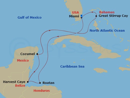 7 Night - Western Caribbean - Miami - Norwegian Aura - Starting in Miami, Fl, Roatan Bay Islands, Honduras, Harvest Caye, Belize, Cozumel, Mexico, Great Stirrup Cay, Bahamas, Miami, Fl itinerary map