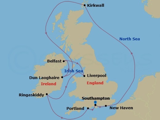 10 Night - Europe - British Isles - Norwegian Star - Starting in London (Southampton), United Kingdom, Edinburgh (Newhaven), Scotland, United Kingdom, Kirkwall, Scotland, Dublin / Dun Laoghaire, Ireland, Belfast, Northern Ireland, United Kingdom, Liverpool, England, United Kingdom, Ringaskiddy / Cork, Ireland, Portland UK, London (Southampton), United Kingdom itinerary map