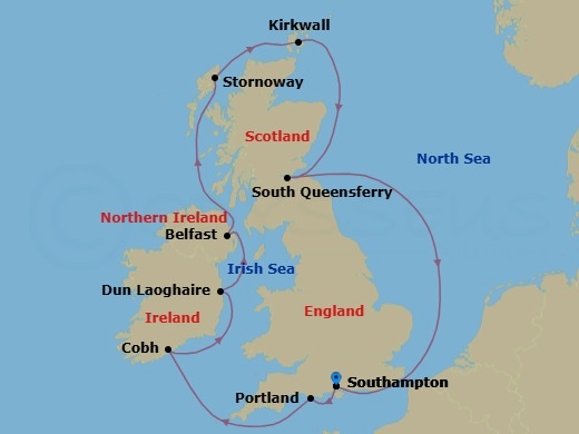 10 Night - Europe - British Isles - Norwegian Star - Starting in London (Southampton), United Kingdom, Portland UK, Cork / Cobh, Ireland, Dublin / Dun Laoghaire, Ireland, Belfast, Northern Ireland, United Kingdom, Stornoway, Scotland, United Kingdom, Kirkwall, Scotland, South Queensferry, Edinburgh, United Kingdom, London (Southampton), United Kingdom itinerary map