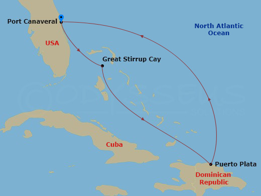 5 Night - Eastern Caribbean - Port Canaveral - Norwegian Escape - Starting in Orlando Beaches / Port Canaveral, Fl, Great Stirrup Cay, Bahamas, Puerto Plata, Dominican Republic, Orlando Beaches / Port Canaveral, Fl itinerary map
