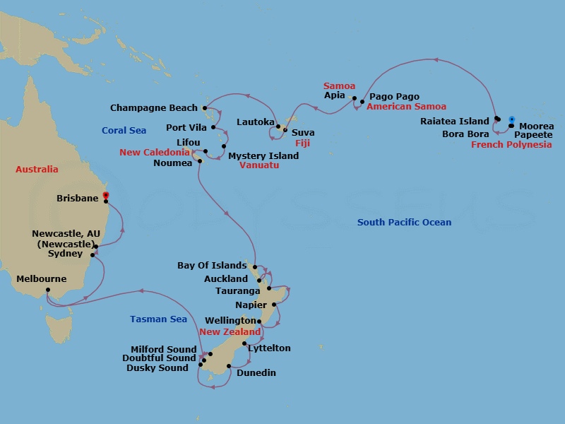 37 Night - South Pacific - Crystal Serenity - Starting in Papeete (Tahiti), Moorea Island, Raiatea, Bora Bora (Society Islands), Pago Pago, Date Line lose a day, Apia, Suva, Lautoka, Champagne Beach, Port Vila, Mystery Island, Anelghowhat, Lifou, Noumea, Bay of Islands, Auckland, Tauranga, Napier, Wellington, Lyttelton (Christchurch), Port Chalmers (Dunedin), Cruising Dusky Sound, Cruising Doubtful Sound, Cruising Milford Sound, Melbourne, Sydney AU, Newcastle AU itinerary map