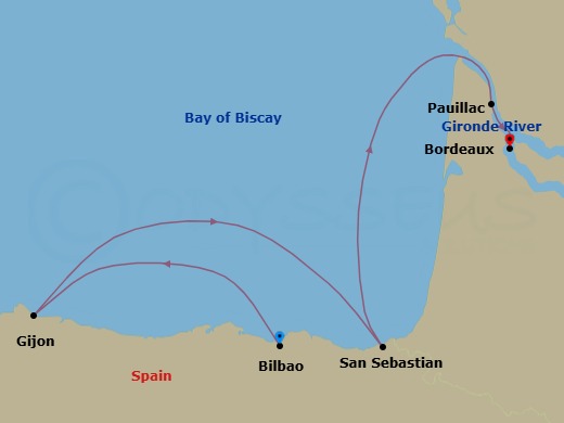 5 Night - Coastal Treasures of the Basque Country and Bordeaux - SH Diana - Starting in Bilbao, Gijon, Spain, San Sebastian, Pauillac, Bordeaux itinerary map
