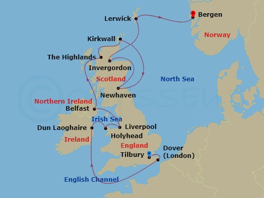 14 Night - British Isles Explorer - Viking Vela - Starting in London (Tilbury), Dover UK, Scenic Sailing English Channel, Dublin (Dun Laoghaire), Holyhead, Liverpool, Belfast, The Highlands (Ullapool), Orkney Islands (Kirkwall), Edinburgh (Newhaven Harbour), Aberdeen, Shetland Islands (Lerwick), Bergen itinerary map