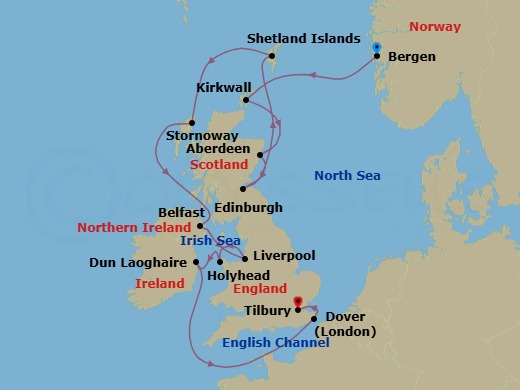 14 Night - British Isles Explorer - Viking Vela - Starting in Bergen, Orkney Islands (Kirkwall), Aberdeen, Edinburgh (Newhaven Harbour), Shetland Islands (Lerwick), Lewis and Harris (Stornoway), Scotland, Belfast (Bangor UK), Northern Ireland, Liverpool, Holyhead, Dublin (Dun Laoghaire), Scenic Sailing English Channel, Dover UK, London (Tilbury) itinerary map