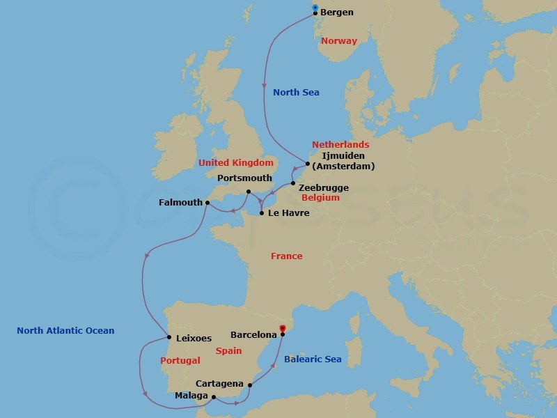 14 Night - Trade Routes of the Middle Ages - Viking Saturn - Starting in Bergen, Sail the North Sea, Amsterdam (Ijmuiden), Bruges (Zeebrugge), Paris (Le Havre), Portsmouth UK, Falmouth, Sail the Atlantic Ocean, Porto (Leixoes), Sail the Atlantic Ocean, Granada (Malaga), Murcia (Cartagena ES, Spain), Barcelona itinerary map
